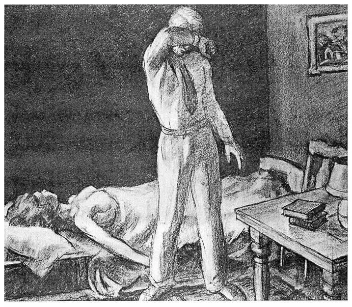 A woman is lying on the bed in the background and a man is standing in front of her with his head in his arms.
