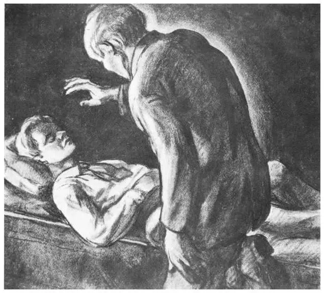 A boy is lying on a bed, eyes closed, and a man is standing above the boy with his hand raised.