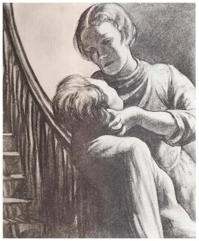 Just below the flight of stairs, a woman is grasping the throat of another woman
