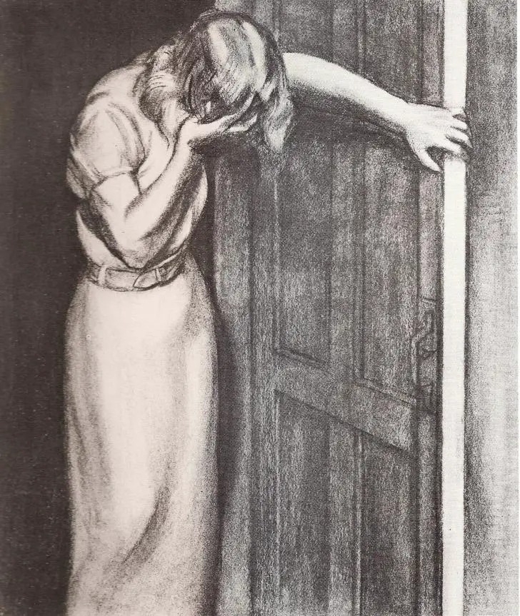 TAT Picture 3GF: A woman standing next to an open door holding a side of the door with one hand and other hand covering her downcast face.