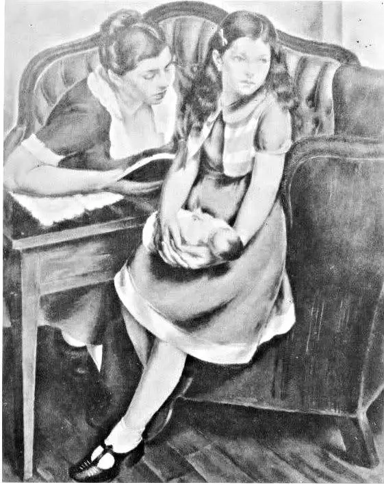 A young girl is sitting on a couch with a doll in her hands, and an older woman sitting behind her is reading to her from a book
