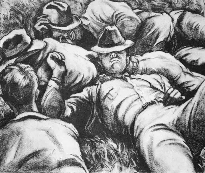 Four men lying in a field against one another.